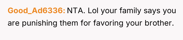 Good_Ad6336 NTA. Lol your family says you are punishing them...