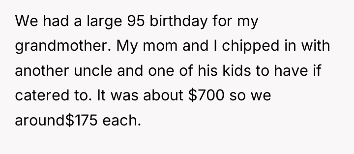 We had a large 95 birthday for my grandmother. My...