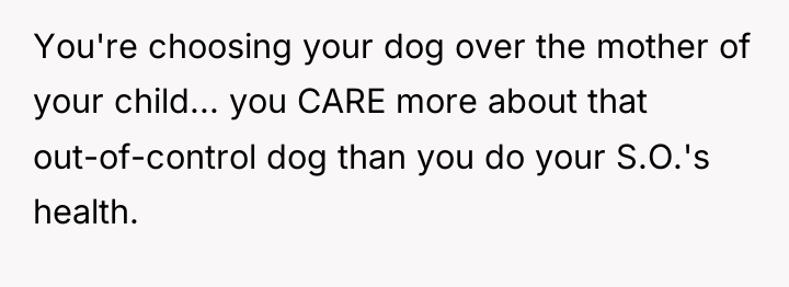 You're choosing your dog over the mother of your child......