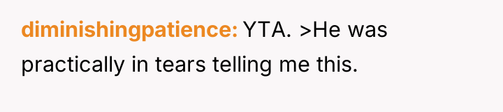 diminishingpatience YTA. >He was practically in tears telling me this.