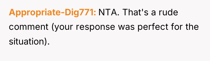Appropriate-Dig771 NTA. That's a rude comment (your response was perfect...