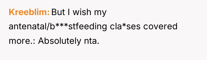Kreeblim But I wish my antenatal/b***stfeeding cla*ses covered more.: Absolutely...