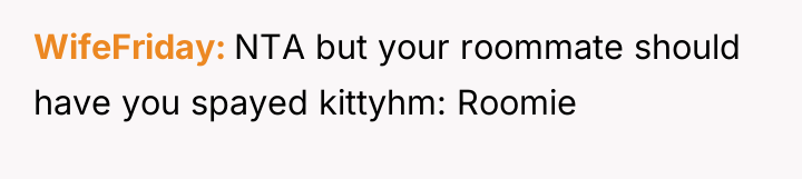 WifeFriday NTA but your roommate should have you spayed kittyhm:...