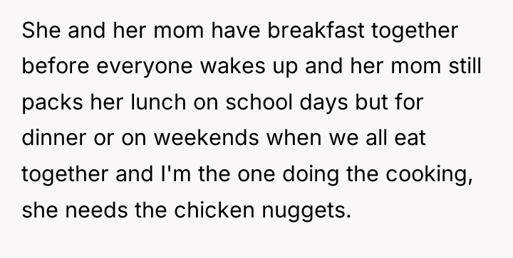 She and her mom have breakfast together before everyone wakes...