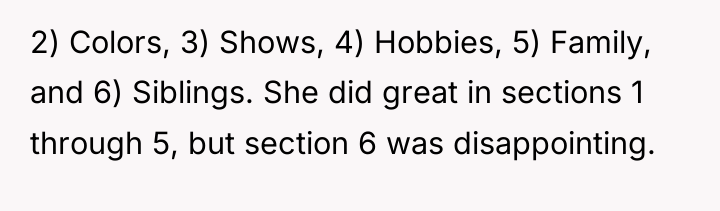 2) Colors, 3) Shows, 4) Hobbies, 5) Family, and 6)...