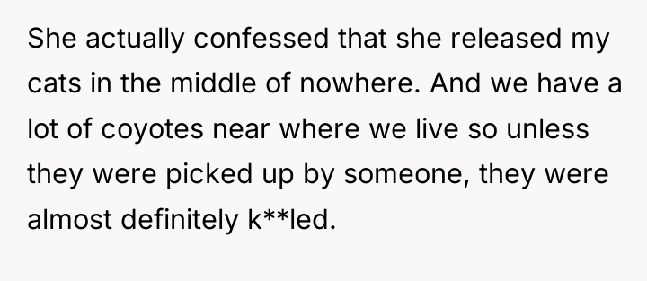 She actually confessed that she released my cats in the...