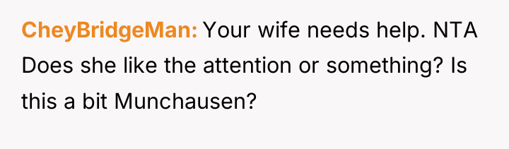 CheyBridgeMan Your wife needs help. NTA Does she like the...