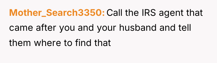 Mother_Search3350 Call the IRS agent that came after you and...