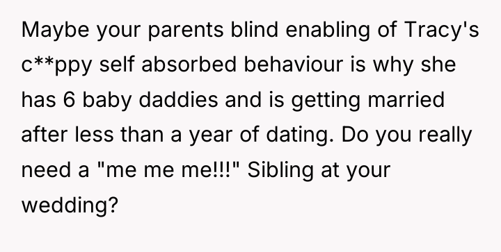 Maybe your parents blind enabling of Tracy's c**ppy self absorbed...