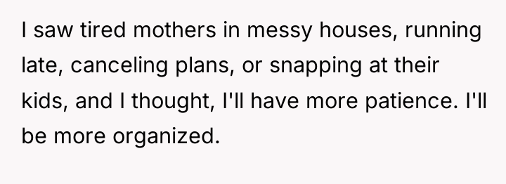 I saw tired mothers in messy houses, running late, canceling...