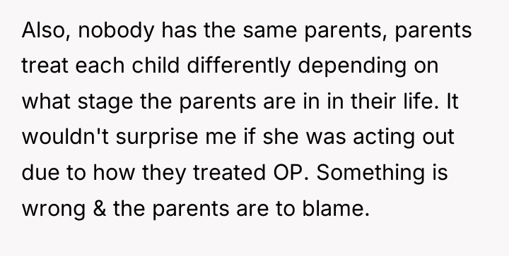 Also, nobody has the same parents, parents treat each child...