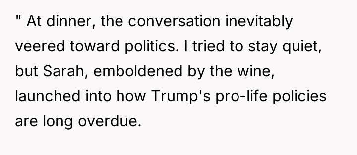 " At dinner, the conversation inevitably veered toward politics. I...