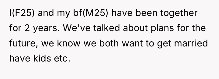 I(F25) and my bf(M25) have been together for 2 years....