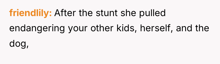 friendlily After the stunt she pulled endangering your other kids,...
