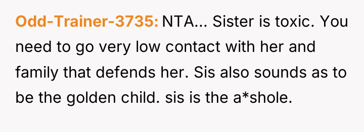 Odd-Trainer-3735 NTA... Sister is toxic. You need to go very...
