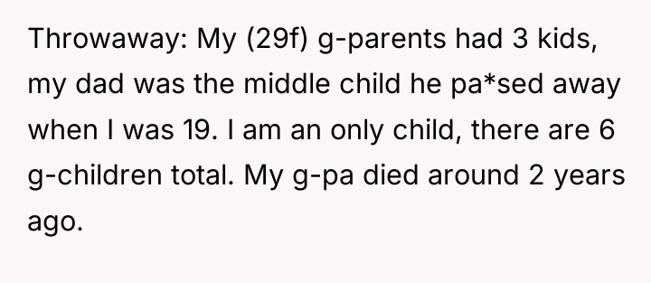 Throwaway: My (29f) g-parents had 3 kids, my dad was...