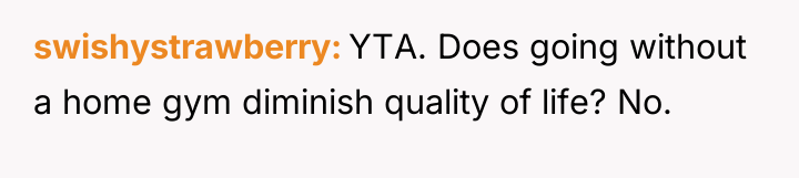 swishystrawberry YTA. Does going without a home gym diminish quality...