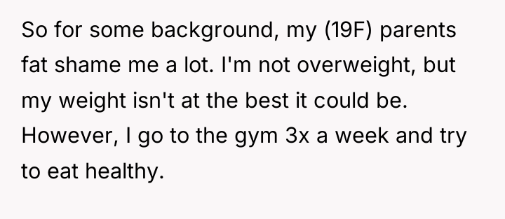 So for some background, my (19F) parents fat shame me...