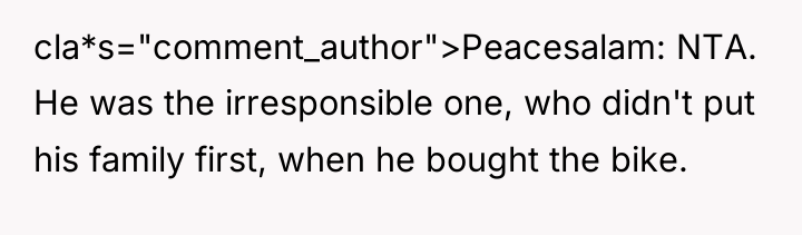 cla*s="comment_author">Peacesalam: NTA. He was the irresponsible one, who didn't put...