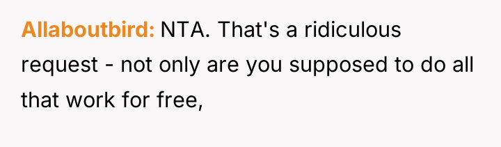 Allaboutbird NTA. That's a ridiculous request - not only are...