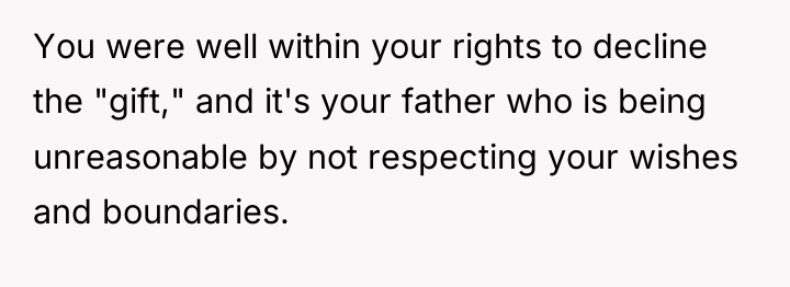 You were well within your rights to decline the "gift,"...