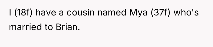 I (18f) have a cousin named Mya (37f) who's married...