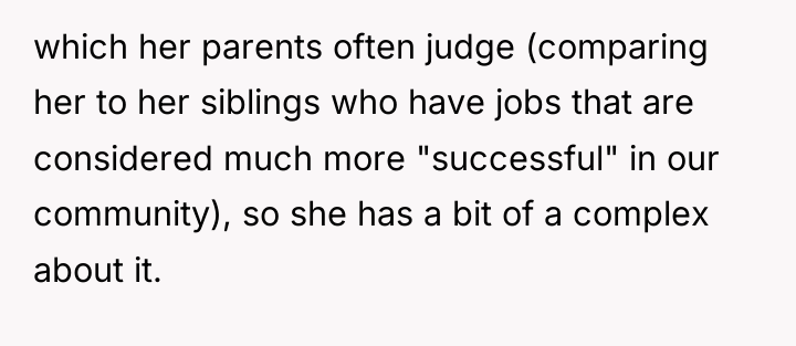 which her parents often judge (comparing her to her siblings...