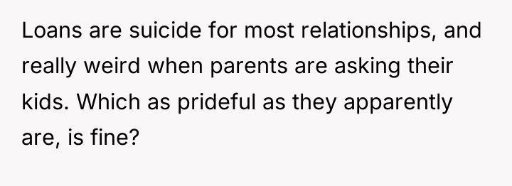Loans are suicide for most relationships, and really weird when...