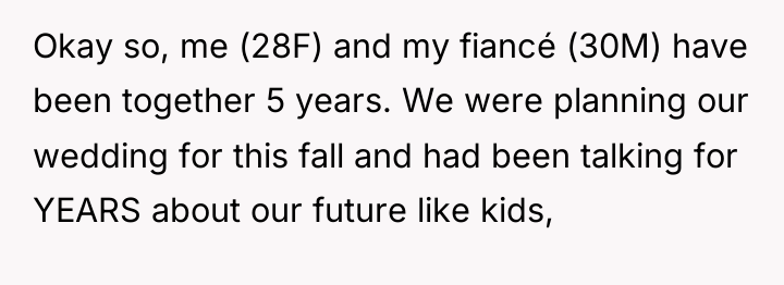 Okay so, me (28F) and my fiancé (30M) have been...