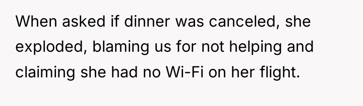 When asked if dinner was canceled, she exploded, blaming us...