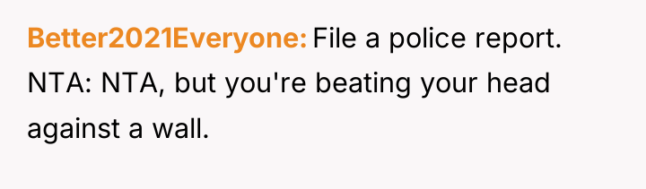Better2021Everyone File a police report. NTA: NTA, but you're beating...