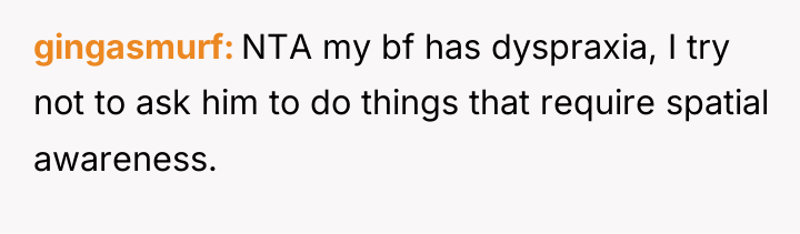 gingasmurf NTA my bf has dyspraxia, I try not to...