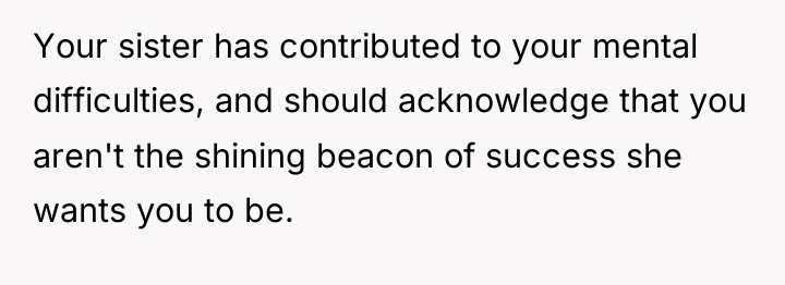 Your sister has contributed to your mental difficulties, and should...