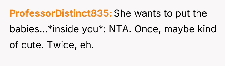 ProfessorDistinct835 She wants to put the babies...*inside you*: NTA. Once,...