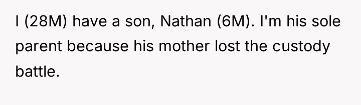 I (28M) have a son, Nathan (6M). I'm his sole...