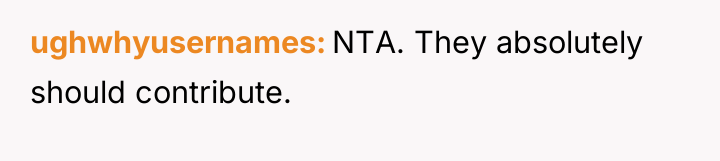 ughwhyusernames NTA. They absolutely should contribute.