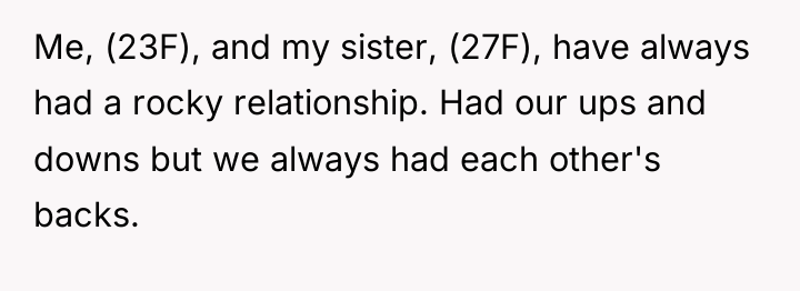 Me, (23F), and my sister, (27F), have always had a...