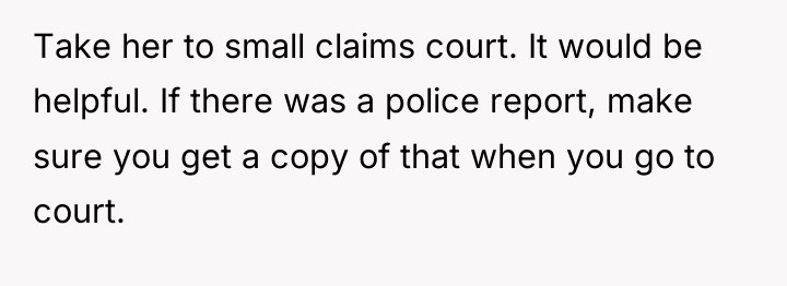 Take her to small claims court. It would be helpful....