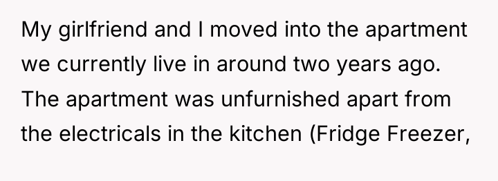 My girlfriend and I moved into the apartment we currently...