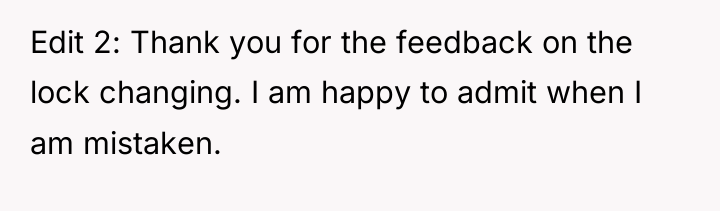 Edit 2: Thank you for the feedback on the lock...