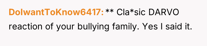 DoIwantToKnow6417 ** Cla*sic DARVO reaction of your bullying family. Yes...