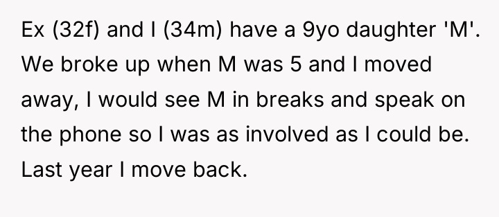 Ex (32f) and I (34m) have a 9yo daughter 'M'....