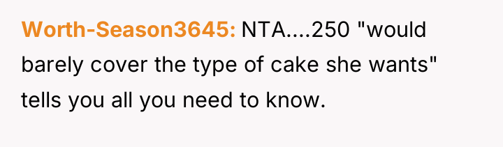 Worth-Season3645 NTA....250 "would barely cover the type of cake she...