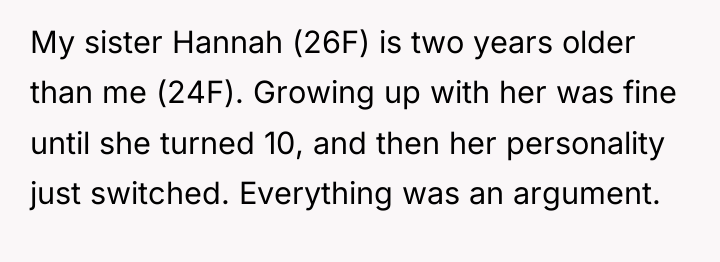 My sister Hannah (26F) is two years older than me...