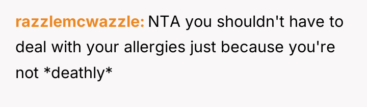 razzlemcwazzle NTA you shouldn't have to deal with your allergies...