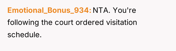 Emotional_Bonus_934 NTA. You're following the court ordered visitation schedule.