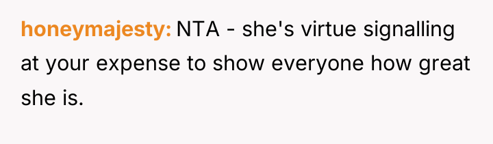honeymajesty NTA - she's virtue signalling at your expense to...