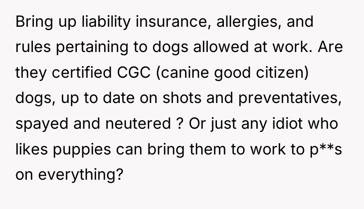 Bring up liability insurance, allergies, and rules pertaining to dogs...