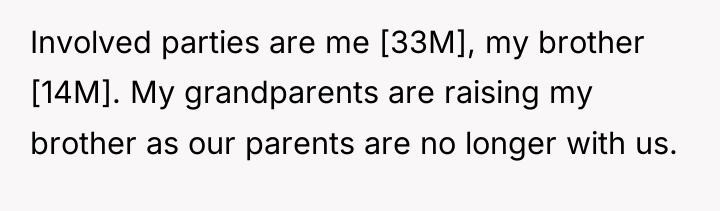 Involved parties are me [33M], my brother [14M]. My grandparents...