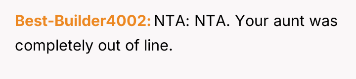 Best-Builder4002 NTA: NTA. Your aunt was completely out of line.